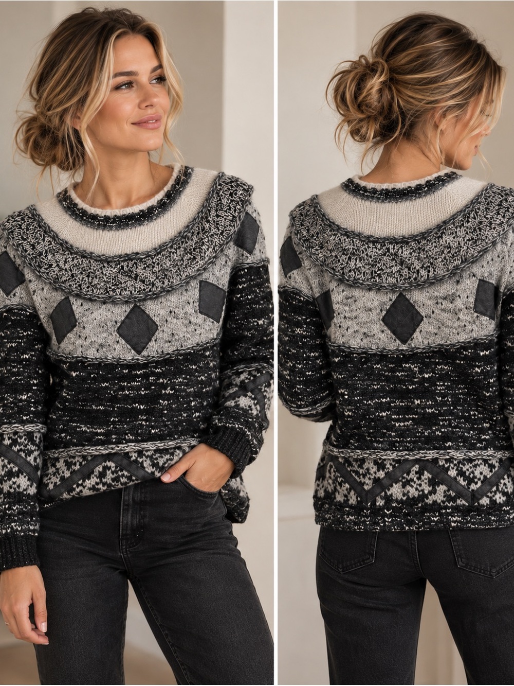 Vintage Susann D Wool Angora Sweater M Black White Mixed Knit Faux Leather